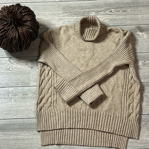 Entro Turtleneck Cable Detail Sweater, Camel Color, size Medium, Cuff Sleeve - Picture 3 of 8